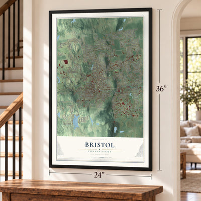 Bristol, Connecticut map, 24 x 36 inch print in a black frame by a staircase