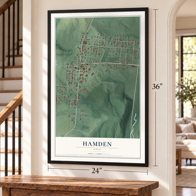 Hamden, Ohio map, 24 x 36 inch print in a black frame by a staircase