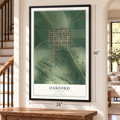 Oakford, Illinois map, 24 x 36 inch print in a black frame by a staircase