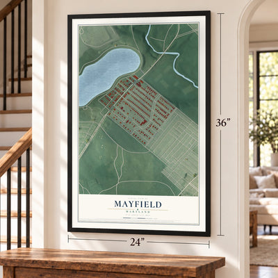 Mayfield, Maryland map, 24 x 36 inch print in a black frame by a staircase