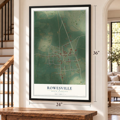 Rowesville, South Carolina map, 24 x 36 inch print in a black frame by a staircase