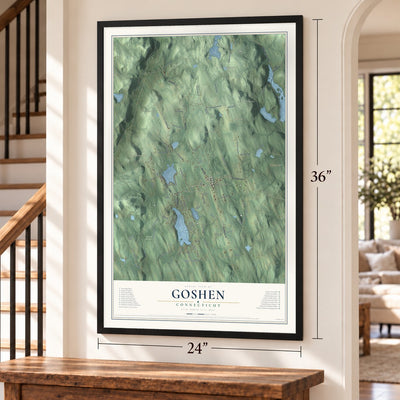 Goshen, Connecticut map, 24 x 36 inch print in a black frame by a staircase