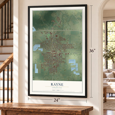 Rayne, Louisiana map, 24 x 36 inch print in a black frame by a staircase