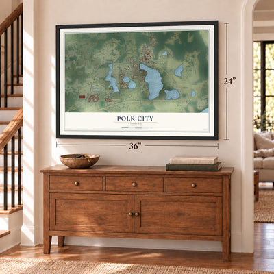 Polk City, Florida map, 24 x 36 inch print in a black frame above a dresser by a staircase