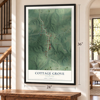 Cottage Grove, Tennessee map, 24 x 36 inch print in a black frame by a staircase