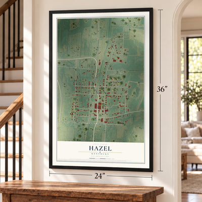 Hazel, Kentucky map, 24 x 36 inch print in a black frame by a staircase