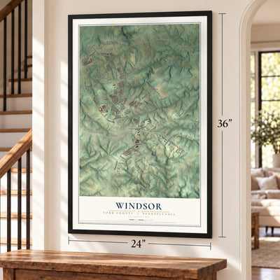 Windsor, York County, Pennsylvania map, 24 x 36 inch print in a black frame by a staircase