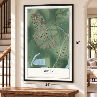 Ogden, Kansas map, 24 x 36 inch print in a black frame by a staircase