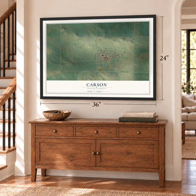 Carson, North Dakota map, 24 x 36 inch print in a black frame above a dresser by a staircase