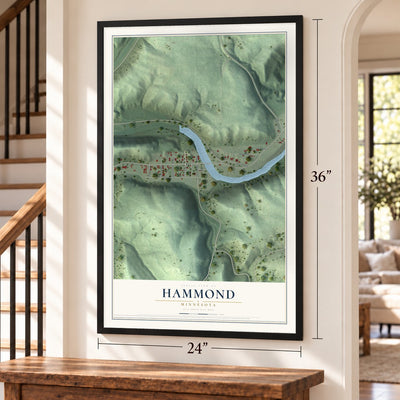 Hammond, Minnesota map, 24 x 36 inch print in a black frame by a staircase