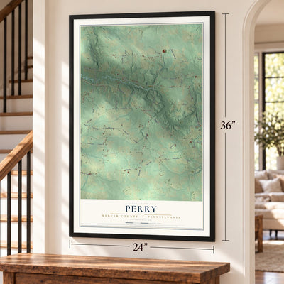 Perry, Mercer County, Pennsylvania map, 24 x 36 inch print in a black frame by a staircase