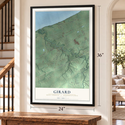 Girard, Erie County, Pennsylvania map, 24 x 36 inch print in a black frame by a staircase