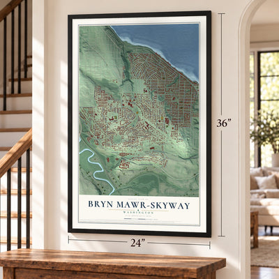 Bryn Mawr-Skyway, Washington map, 24 x 36 inch print in a black frame by a staircase