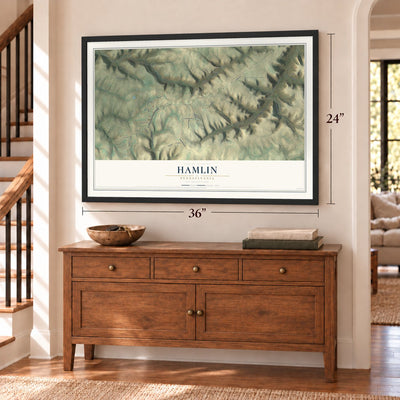 Hamlin, Pennsylvania map, 24 x 36 inch print in a black frame above a dresser by a staircase