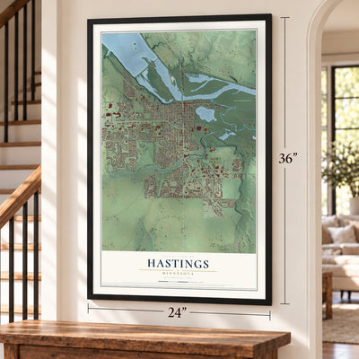 Hastings, Minnesota map, 24 x 36 inch print in a black frame by a staircase