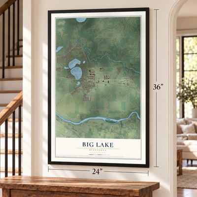 Big Lake, Minnesota map, 24 x 36 inch print in a black frame by a staircase
