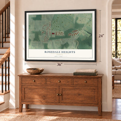 Rosedale Heights, Georgia map, 24 x 36 inch print in a black frame above a dresser by a staircase