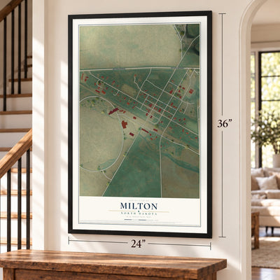 Milton, North Dakota map, 24 x 36 inch print in a black frame by a staircase