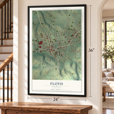 Floyd, Virginia map, 24 x 36 inch print in a black frame by a staircase