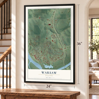 Warsaw, Missouri map, 24 x 36 inch print in a black frame by a staircase