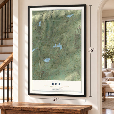 Rice, Pennsylvania map, 24 x 36 inch print in a black frame by a staircase