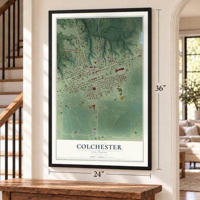 Colchester, Illinois map, 24 x 36 inch print in a black frame by a staircase