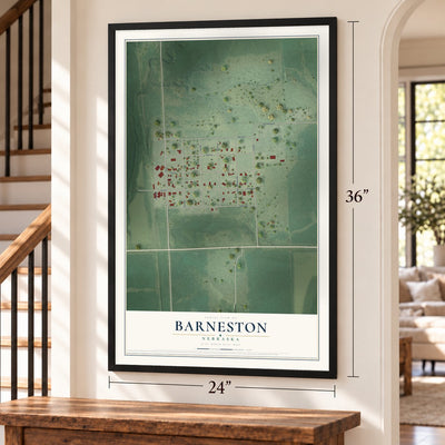 Barneston, Nebraska map, 24 x 36 inch print in a black frame by a staircase
