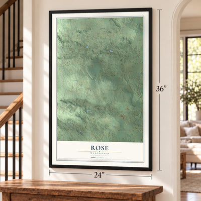 Rose, Wisconsin map, 24 x 36 inch print in a black frame by a staircase