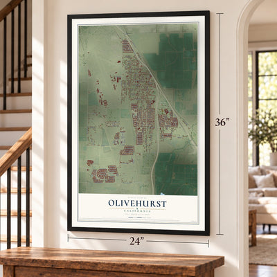 Olivehurst, California map, 24 x 36 inch print in a black frame by a staircase