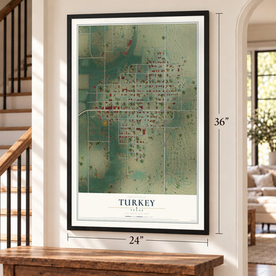 Turkey, Texas map, 24 x 36 inch print in a black frame by a staircase