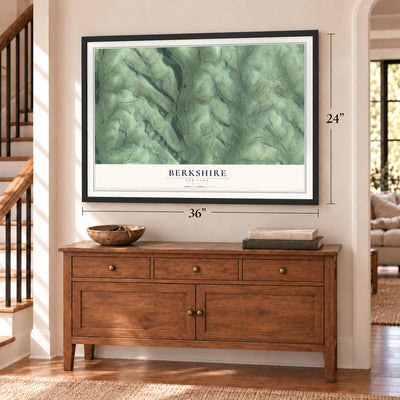 Berkshire, New York map, 24 x 36 inch print in a black frame above a dresser by a staircase
