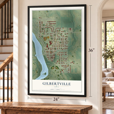 Gilbertville, Iowa map, 24 x 36 inch print in a black frame by a staircase