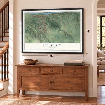 Coal Valley, Illinois map, 24 x 36 inch print in a black frame above a dresser by a staircase