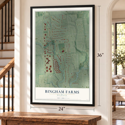 Bingham Farms, Michigan map, 24 x 36 inch print in a black frame by a staircase