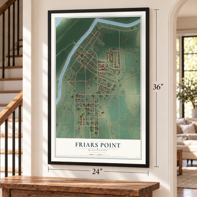 Friars Point, Mississippi map, 24 x 36 inch print in a black frame by a staircase