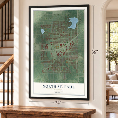 North St. Paul, Minnesota map, 24 x 36 inch print in a black frame by a staircase