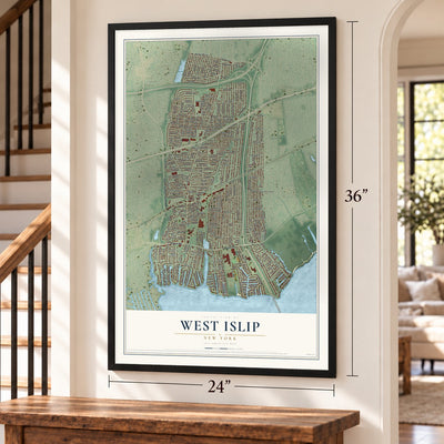 West Islip, New York map, 24 x 36 inch print in a black frame by a staircase