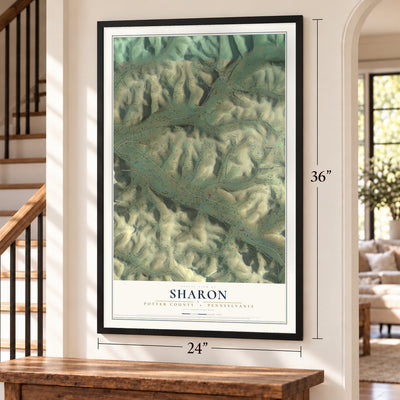Sharon, Potter County, Pennsylvania map, 24 x 36 inch print in a black frame by a staircase
