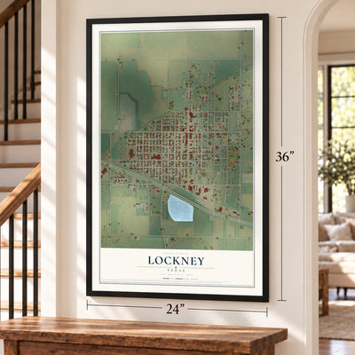 Lockney, Texas map, 24 x 36 inch print in a black frame by a staircase