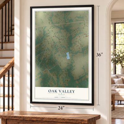 Oak Valley, Texas map, 24 x 36 inch print in a black frame by a staircase