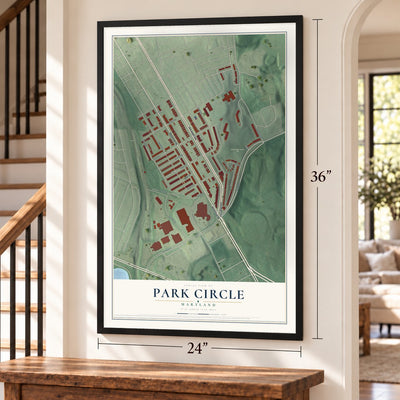 Park Circle, Maryland map, 24 x 36 inch print in a black frame by a staircase