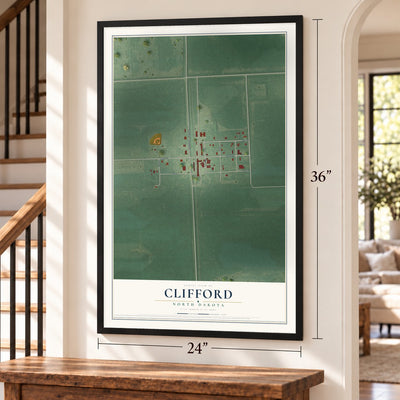 Clifford, North Dakota map, 24 x 36 inch print in a black frame by a staircase