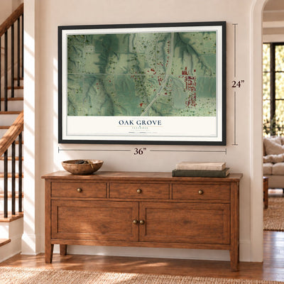 Oak Grove, Illinois map, 24 x 36 inch print in a black frame above a dresser by a staircase