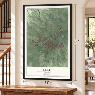 Elko, Nevada map, 24 x 36 inch print in a black frame by a staircase