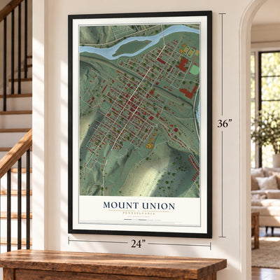Mount Union, Pennsylvania map, 24 x 36 inch print in a black frame by a staircase