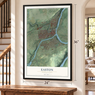 Easton, Pennsylvania map, 24 x 36 inch print in a black frame by a staircase