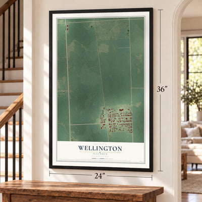 Wellington, Illinois map, 24 x 36 inch print in a black frame by a staircase