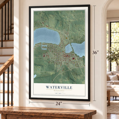 Waterville, Minnesota map, 24 x 36 inch print in a black frame by a staircase