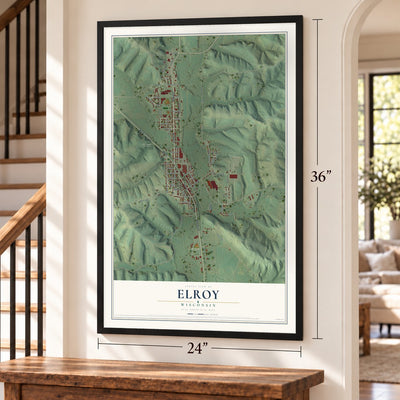 Elroy, Wisconsin map, 24 x 36 inch print in a black frame by a staircase