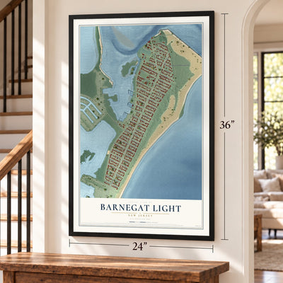 Barnegat Light, New Jersey map, 24 x 36 inch print in a black frame by a staircase